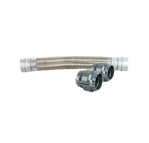 AirPipe flexible 304 stainless steel hose with braided texture and smooth end fittings, adjacent to two couplings.