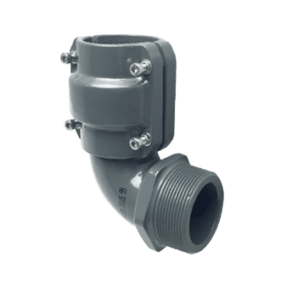 Grey metal right angle elbow with clamp style piping connector on one side and male NPT threads on the other side