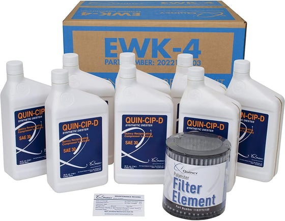 An Image of a Quincy QT-10 EWK-4 Extended Warranty Kit with 8 quarts Quin-Cip D synthetic lubricant, 1 washable polyester air filter element and 10 maintenance reminder stickers