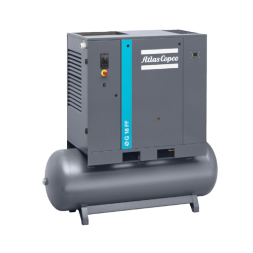 dark grey atlas copco air compressor mounted on a horizontal tank