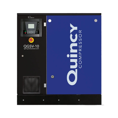 Quincy air compressor, dark blue and black with electronic controls