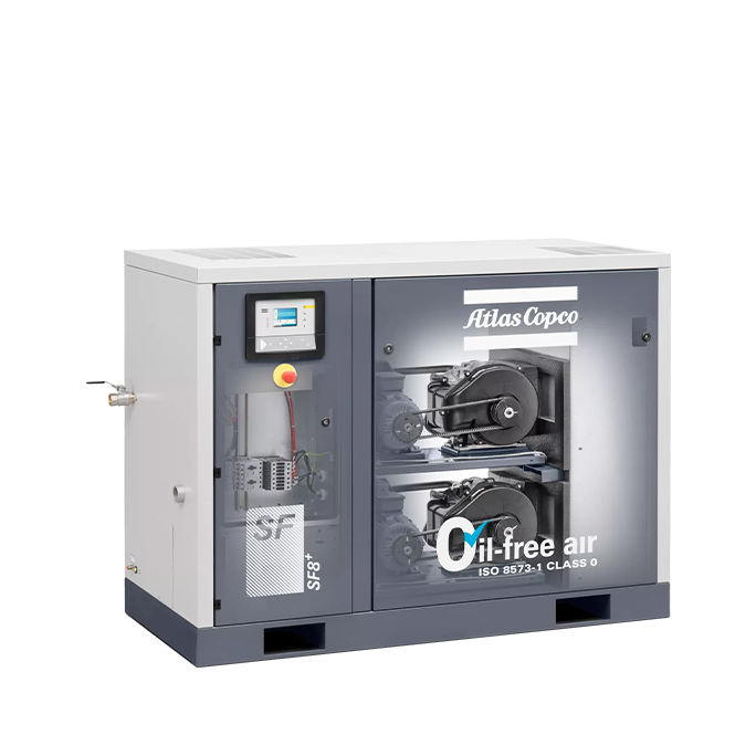 See through view of the internals of an Atlas Copco oil-free SF air compressor