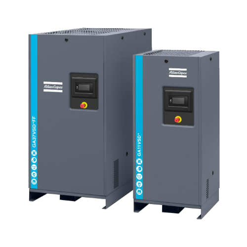 Two dark grey Atlas Copco air compressors on a transparent background