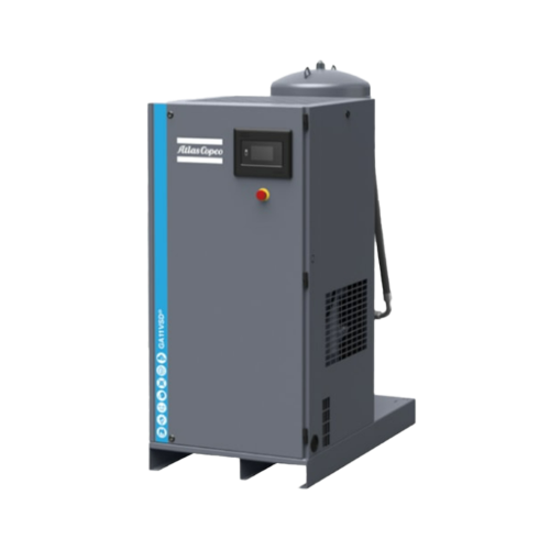 Atlas copco dark grey air compressor in a cabinet enclosure